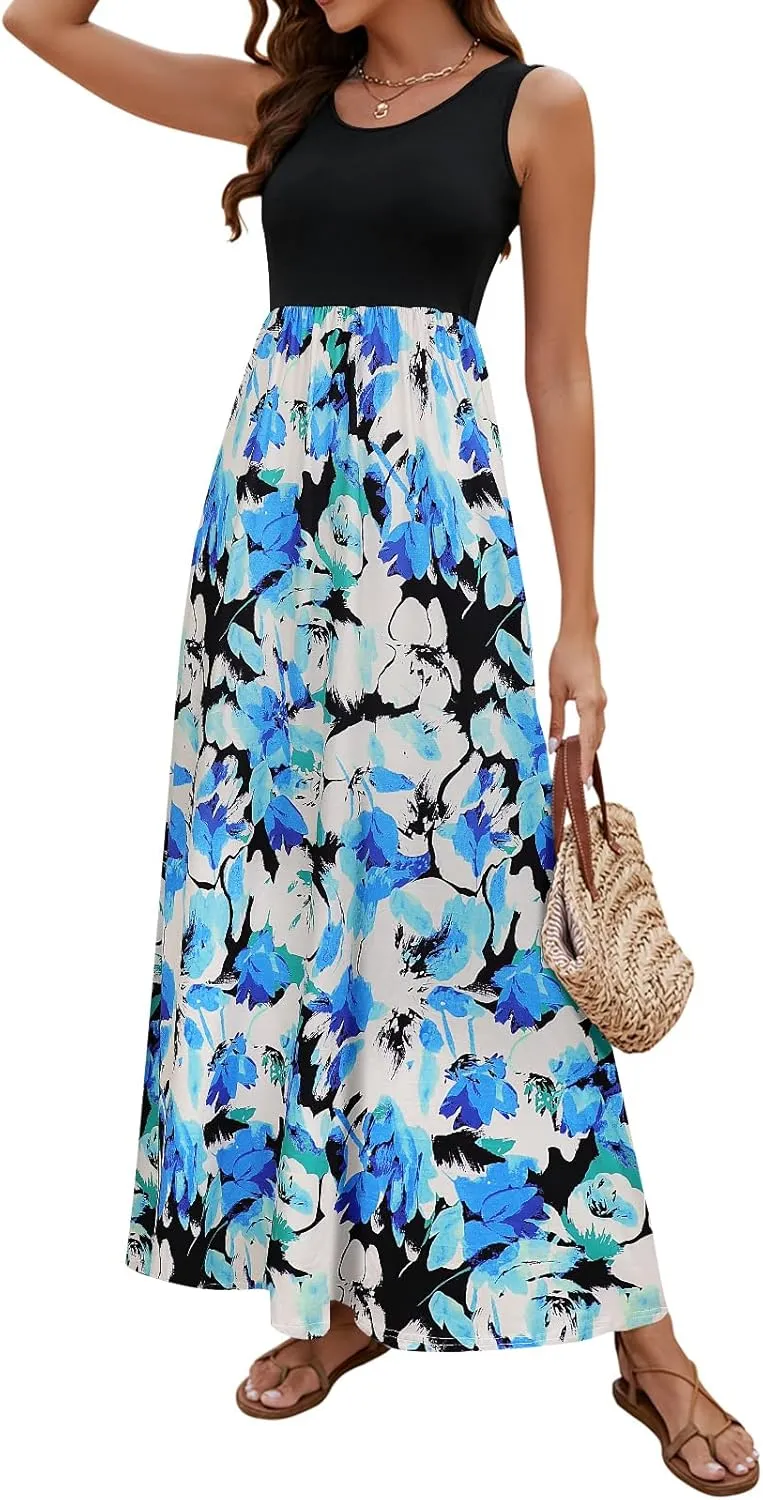 Sherosa Women Boho Chevron Striped Floral Printed Summer Sleeveless Tank Long Maxi Party Dress