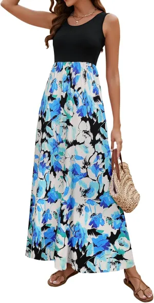 Sherosa Women Boho Chevron Striped Floral Printed Summer Sleeveless Tank Long Maxi Party Dress