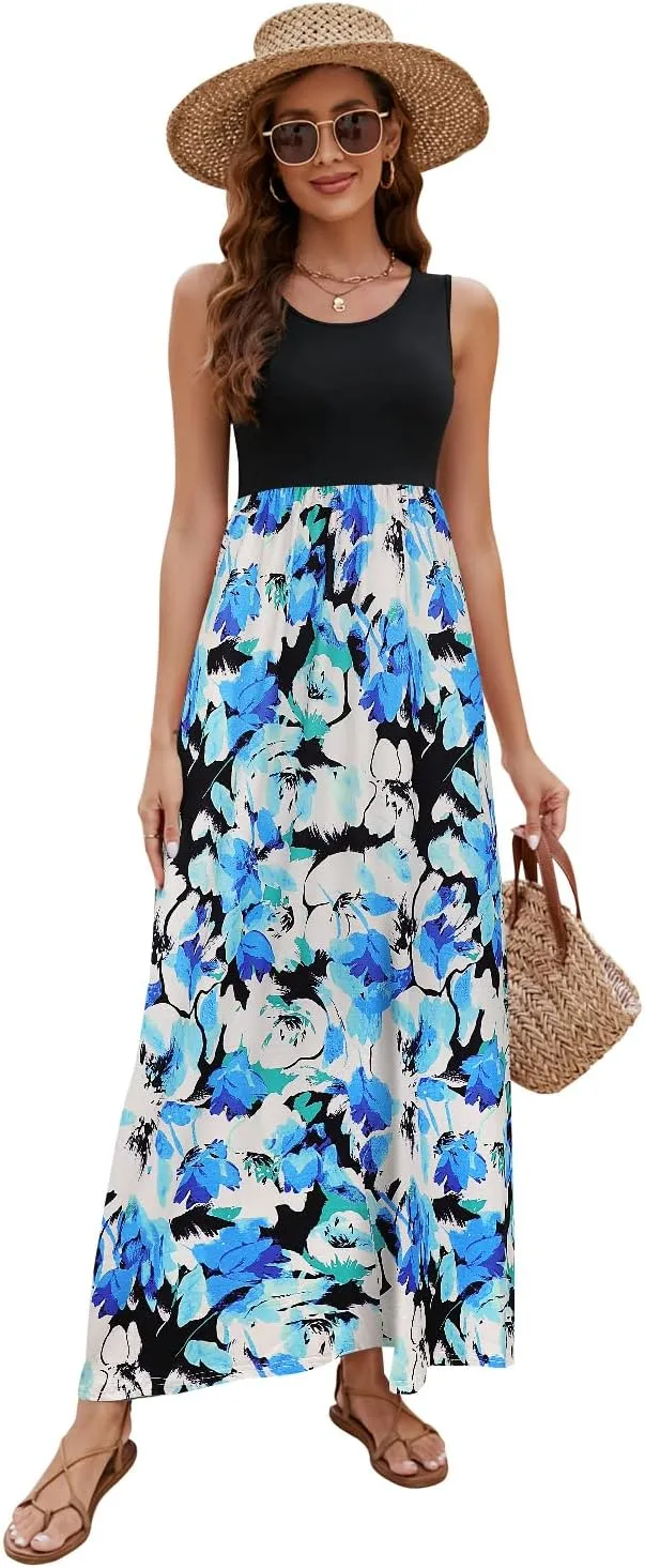 Sherosa Women Boho Chevron Striped Floral Printed Summer Sleeveless Tank Long Maxi Party Dress