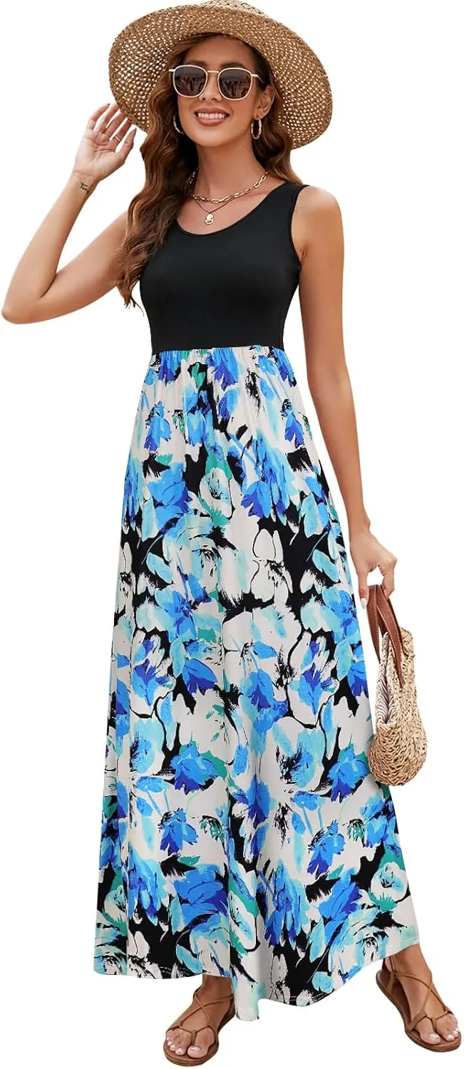 Sherosa Women Boho Chevron Striped Floral Printed Summer Sleeveless Tank Long Maxi Party Dress