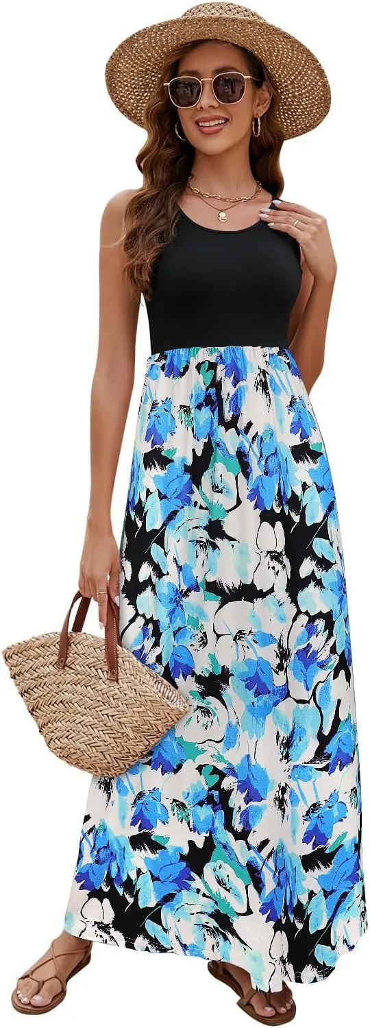Sherosa Women Boho Chevron Striped Floral Printed Summer Sleeveless Tank Long Maxi Party Dress