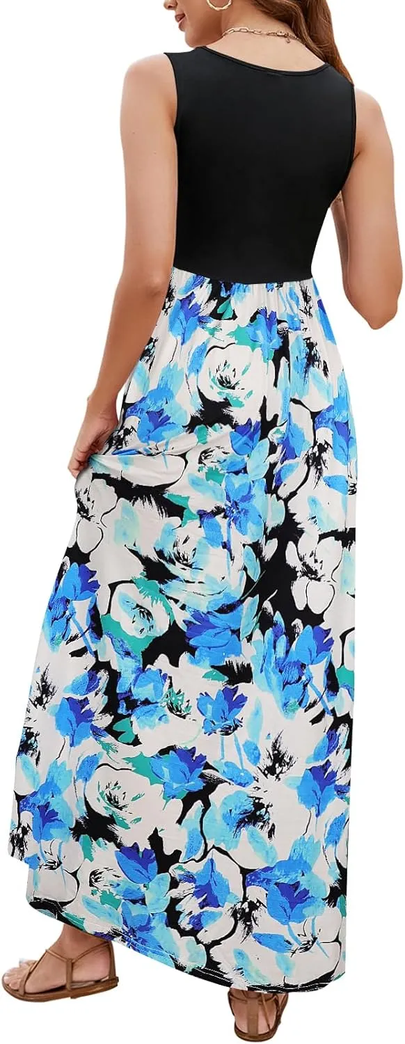 Sherosa Women Boho Chevron Striped Floral Printed Summer Sleeveless Tank Long Maxi Party Dress