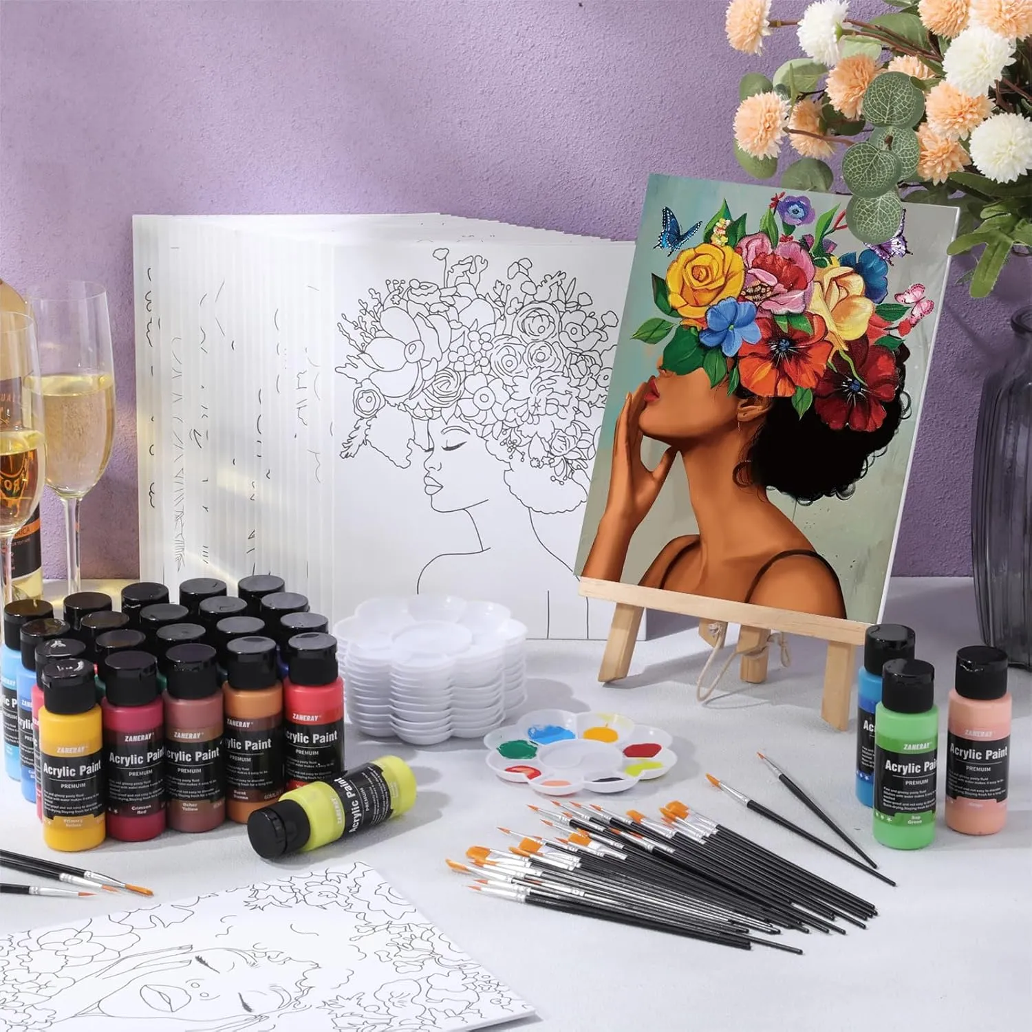 Sherr 24 Pcs Pre Drawn Canvas for Painting for Adult Pre Printed Canvas Bulk Sip and Paint Kit Stretched Panels Paint Set for Theme Painting Night Party Favor(Floral Women,8 x 10 Inch)
