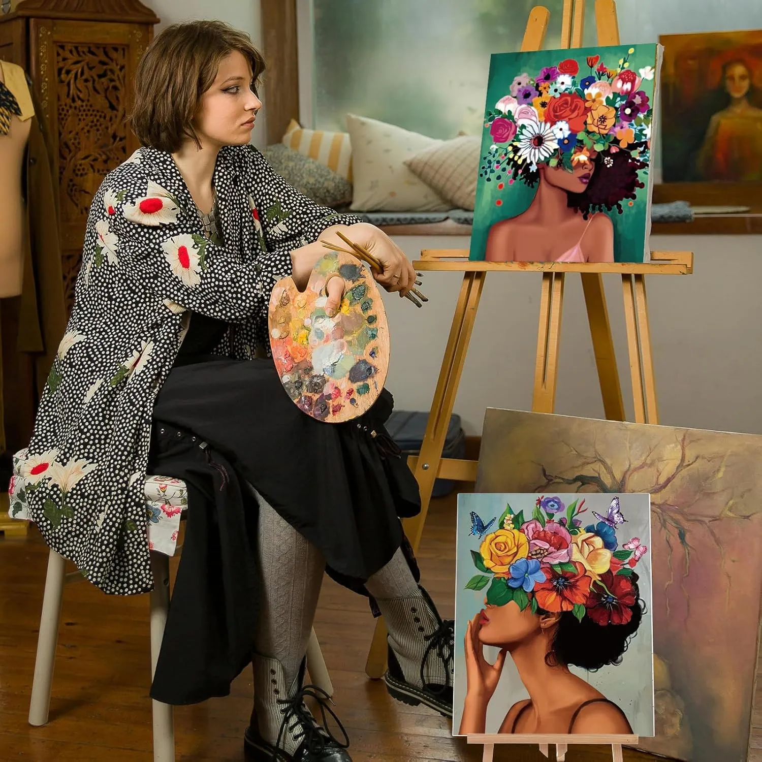 Sherr 24 Pcs Pre Drawn Canvas for Painting for Adult Pre Printed Canvas Bulk Sip and Paint Kit Stretched Panels Paint Set for Theme Painting Night Party Favor(Floral Women,8 x 10 Inch)