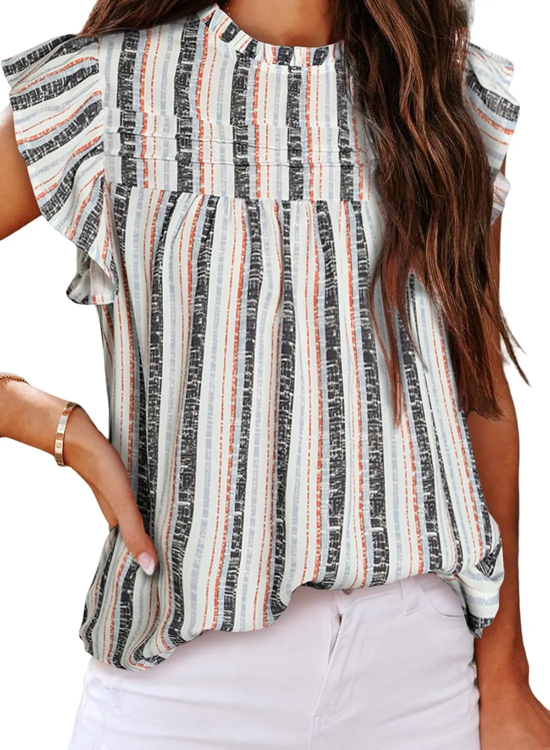 SHEWIN Womens Summer Crewneck Tank Tops Casual Ruffle Sleeveless Tops Shirts
