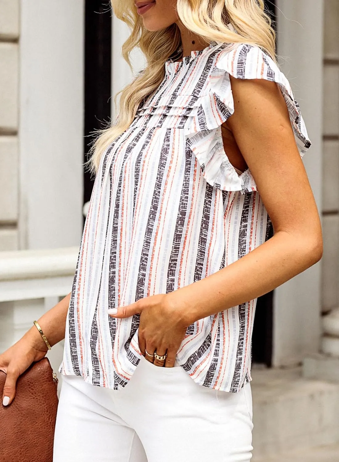 SHEWIN Womens Summer Crewneck Tank Tops Casual Ruffle Sleeveless Tops Shirts