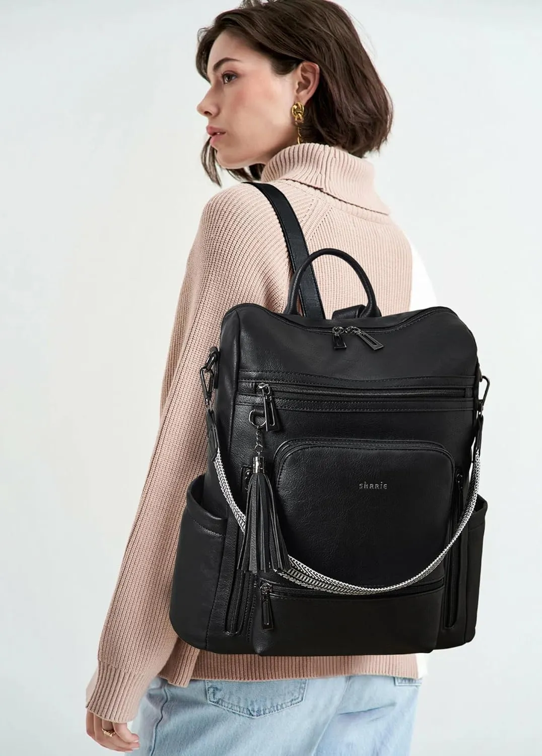 Shrrie Vegan Leather Laptop Backpack for Women 15.6 inch Work Backpack Fashion Travel Backpack Purse for Travel College Work