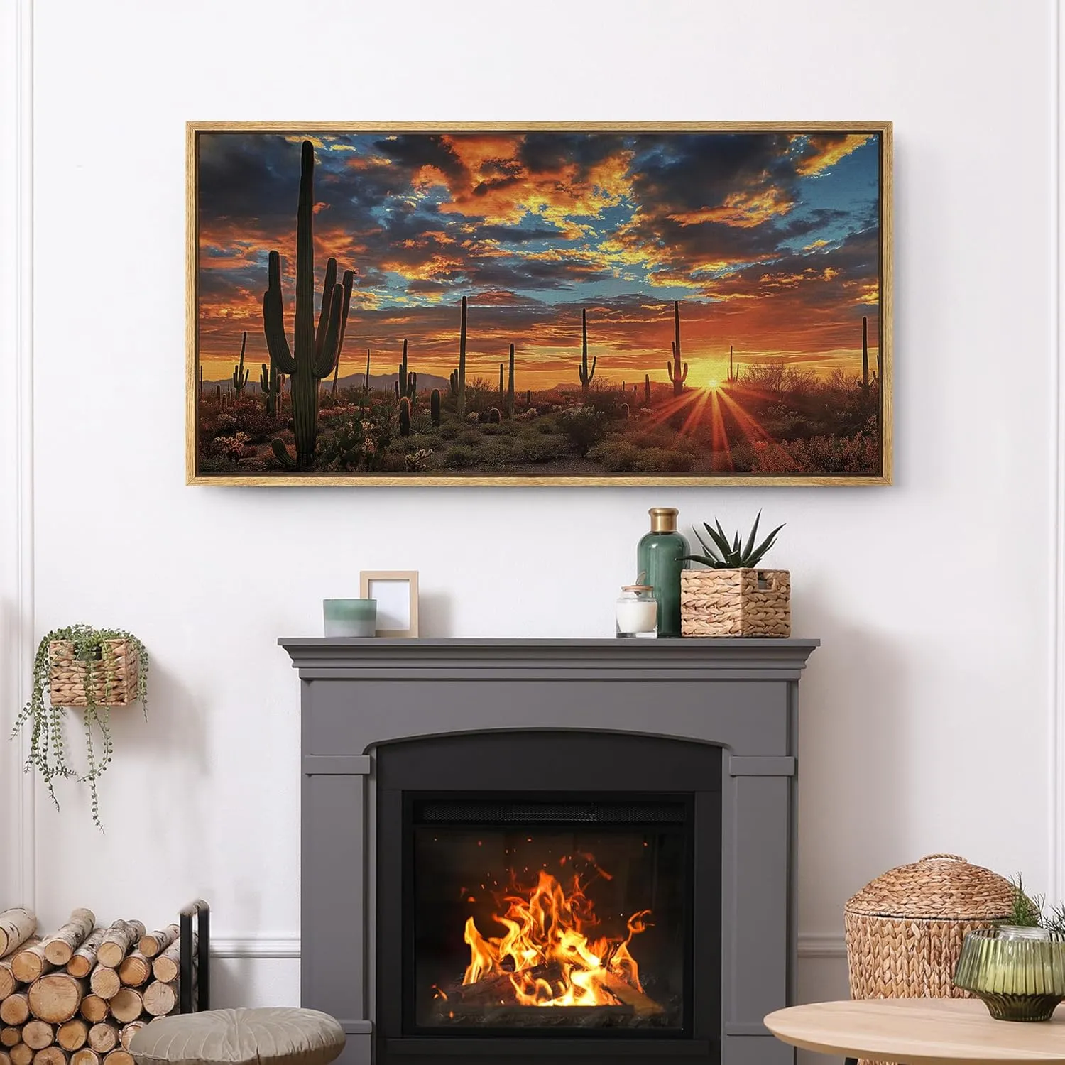 SIGNFORD Extra Large Framed Canvas Print Wall Art Desert Sunset with Cacti Illustrations Modern Art Calm Warm for Living Room, Bedroom, Office - 60"x30"