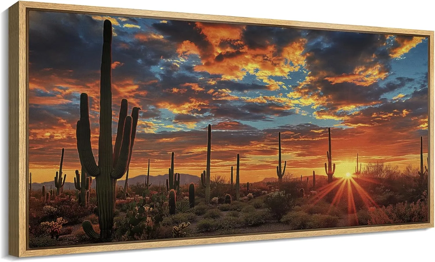 SIGNFORD Extra Large Framed Canvas Print Wall Art Desert Sunset with Cacti Illustrations Modern Art Calm Warm for Living Room, Bedroom, Office - 60"x30"