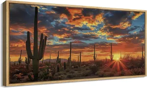 SIGNFORD Extra Large Framed Canvas Print Wall Art Desert Sunset with Cacti Illustrations Modern Art Calm Warm for Living Room, Bedroom, Office - 60"x30"