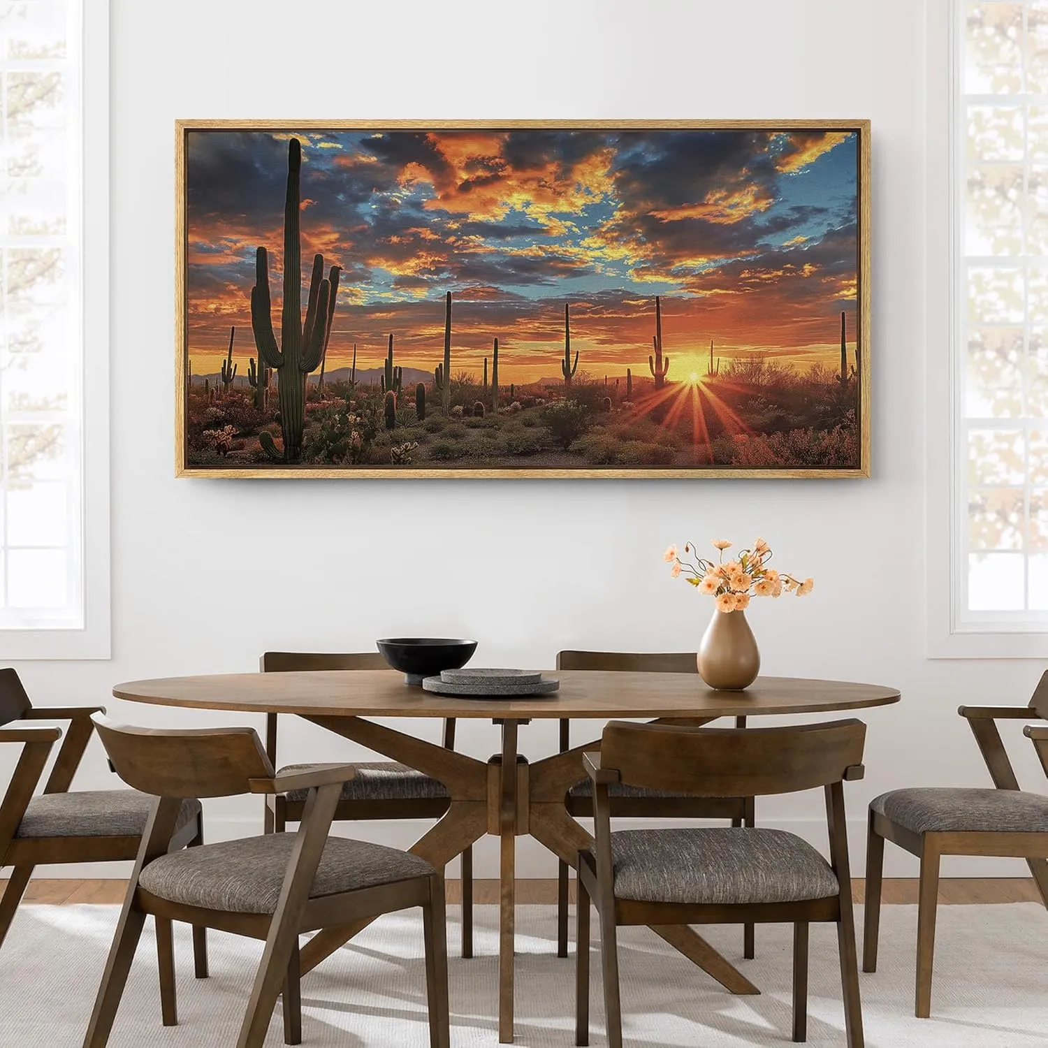 SIGNFORD Extra Large Framed Canvas Print Wall Art Desert Sunset with Cacti Illustrations Modern Art Calm Warm for Living Room, Bedroom, Office - 60"x30"