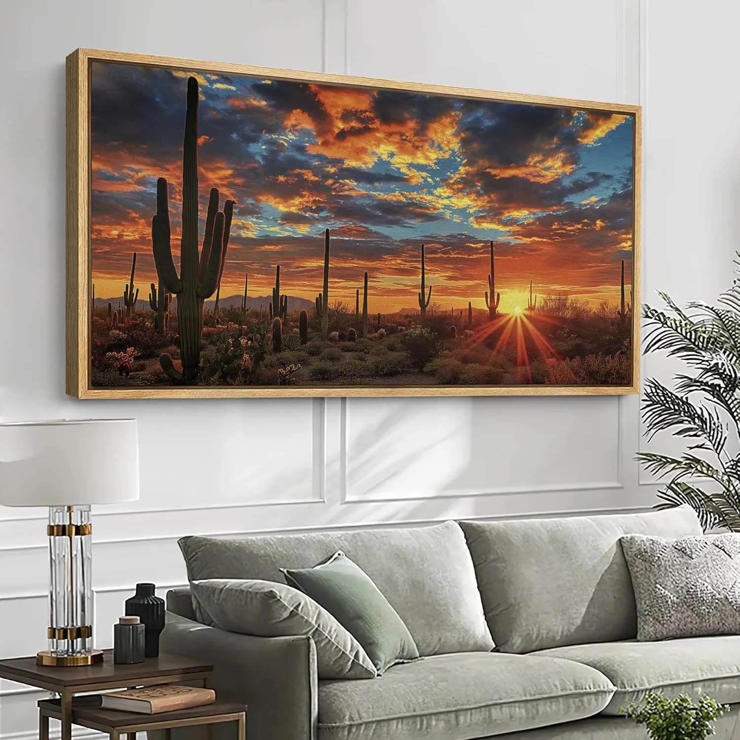 SIGNFORD Extra Large Framed Canvas Print Wall Art Desert Sunset with Cacti Illustrations Modern Art Calm Warm for Living Room, Bedroom, Office - 60"x30"