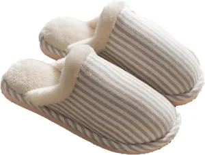 Simple Striped Fabric Cotton Slippers Soft Fluffy Warm Cozy Home Non-Slip Couple Style Casual Memory Foam Fuzzy Slides Indoor Outdoor Anti-Skid (Size:40-41,Color:Beige)