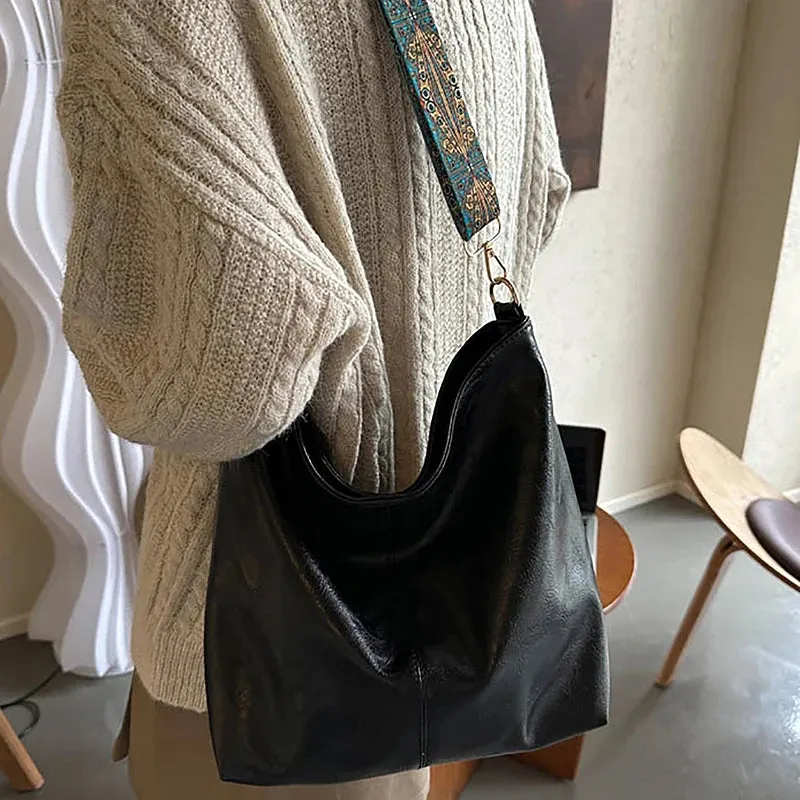 Simple Wide Strap Bucket Crossbody Bag