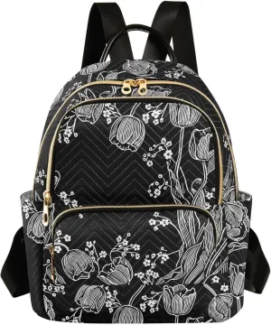 Sinestour Tulips Flower Black Women Backpack Purse Large Capacity Casual Daypack Leather Handle Travel Hiking Work Backpack