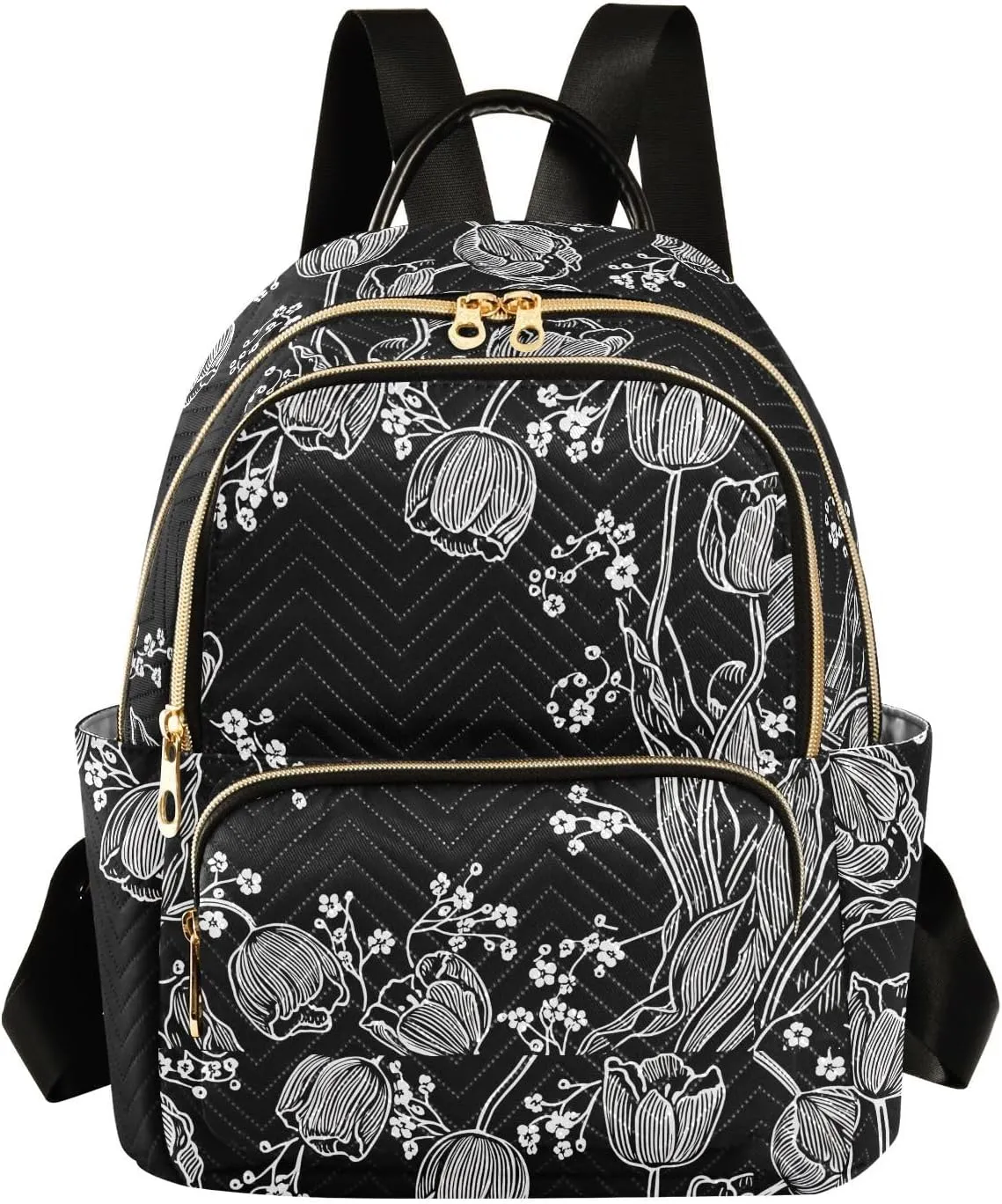 Sinestour Tulips Flower Black Women Backpack Purse Large Capacity Casual Daypack Leather Handle Travel Hiking Work Backpack