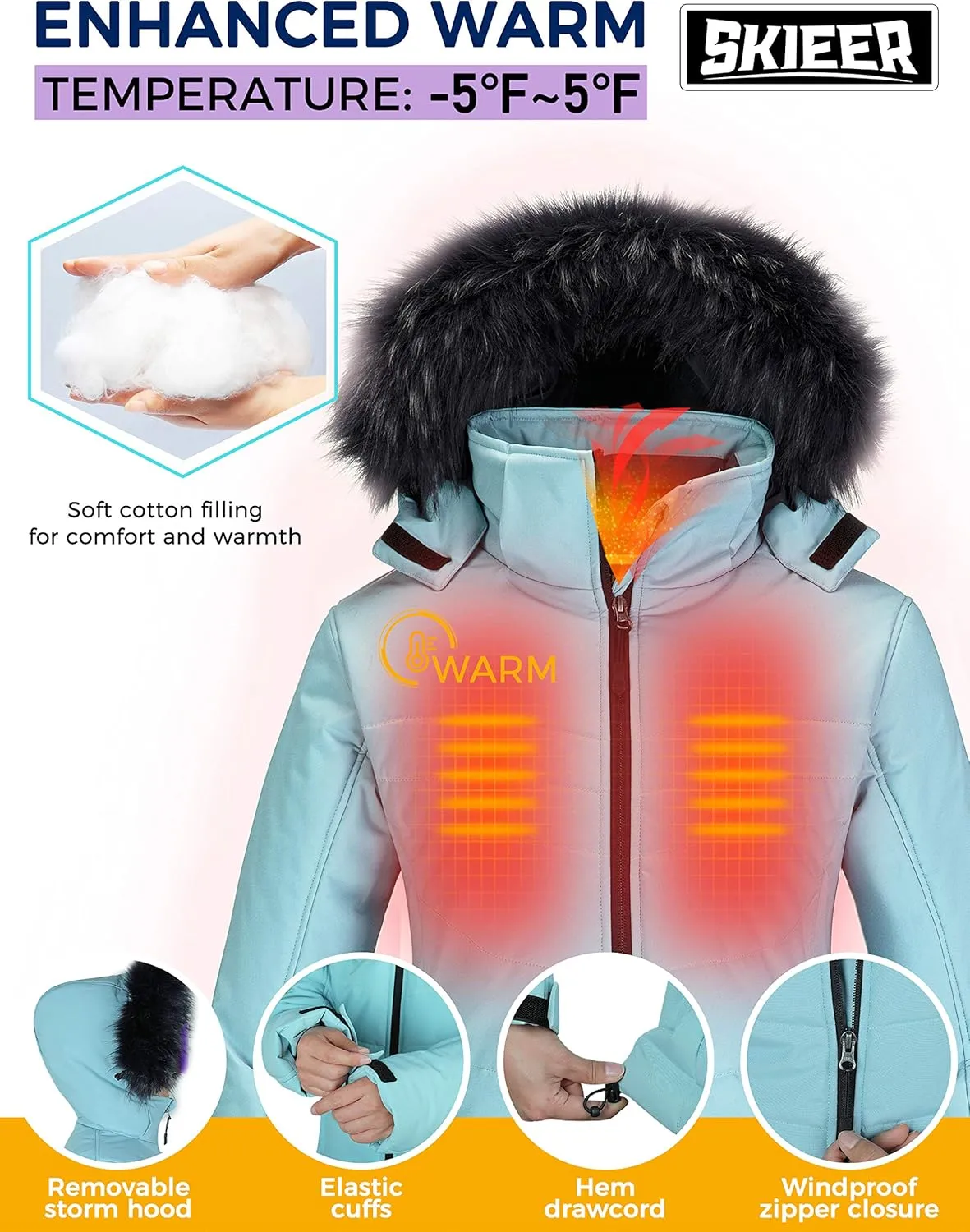 Skieer Women's Waterproof Ski Jacket Warm Puffer Jacket Thick Hooded Winter Coat