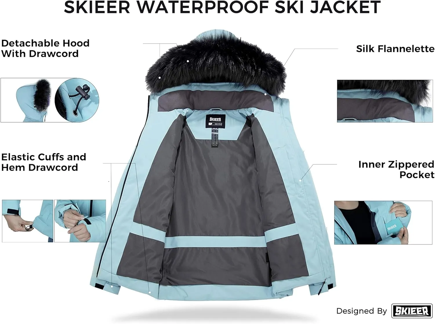 Skieer Women's Waterproof Ski Jacket Warm Puffer Jacket Thick Hooded Winter Coat