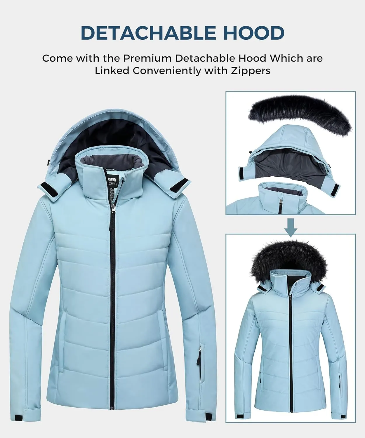 Skieer Women's Waterproof Ski Jacket Warm Puffer Jacket Thick Hooded Winter Coat