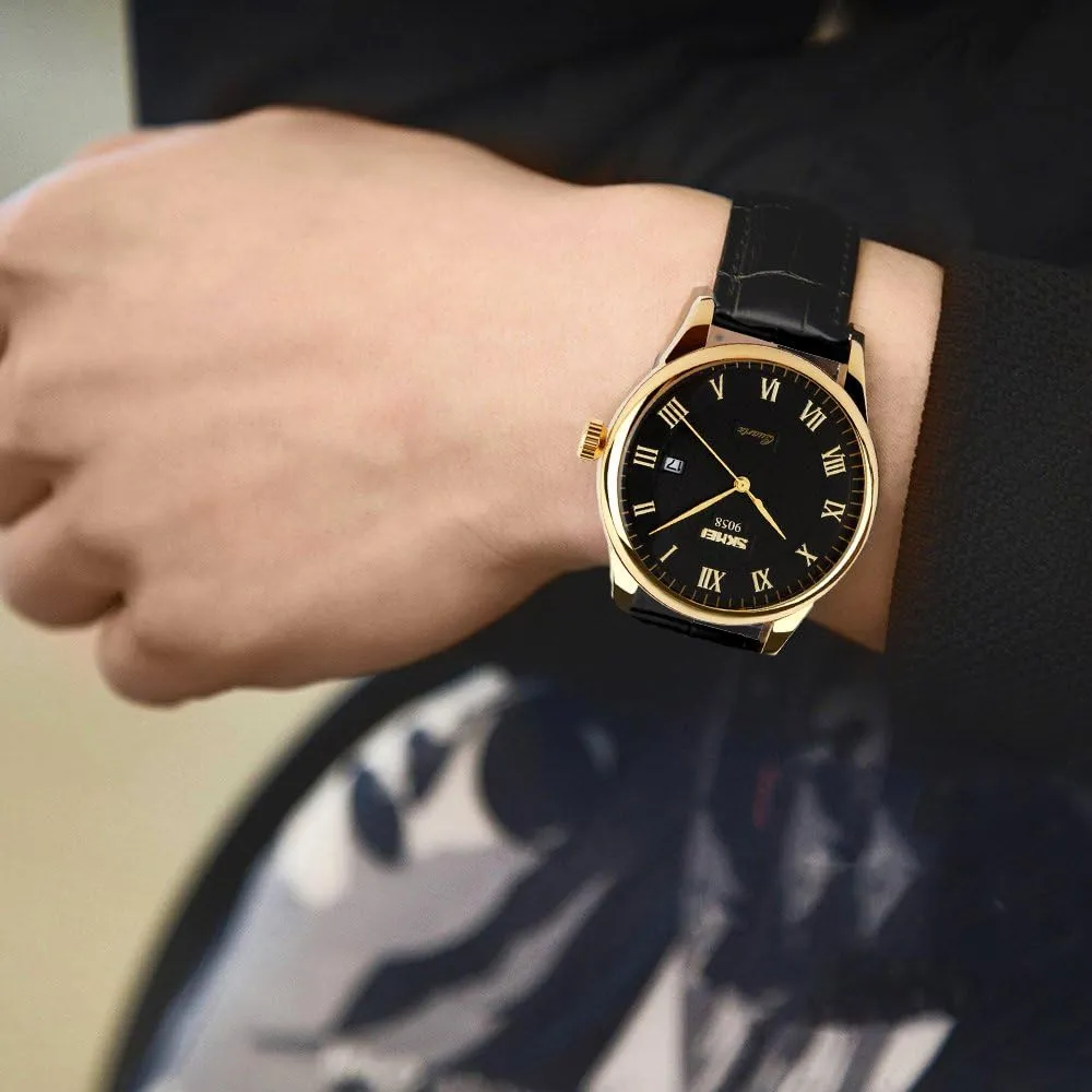 SKMEI Business Men’s Quartz Wristwatches Roman Numeral Leather Band Casual Water Resist Analog Watches