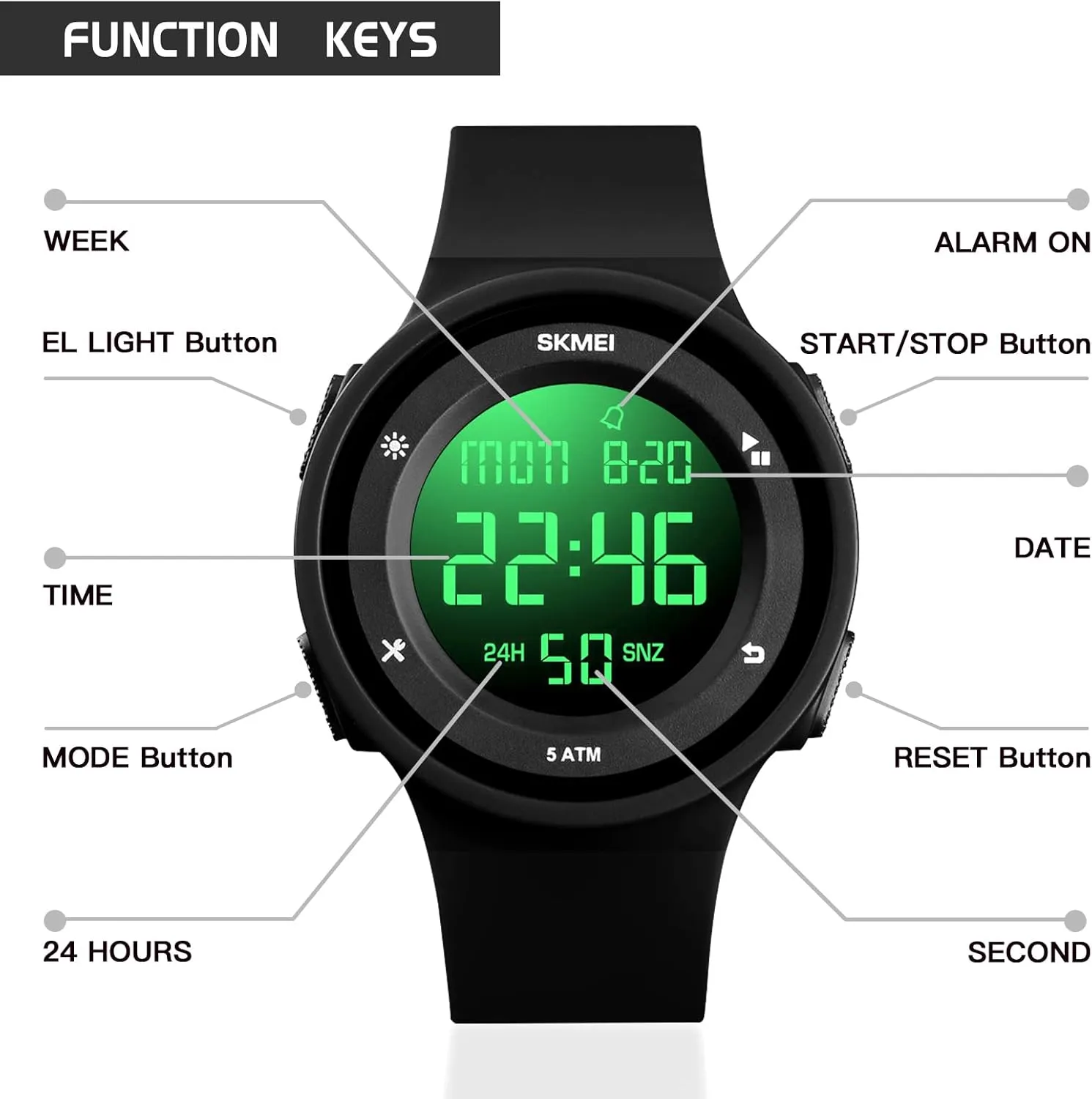 SKMEI Digital Watch Men, Digital Sports Watch Waterproof Wrist Watches for Men with Stopwatch Alarm Countdown Dual Time