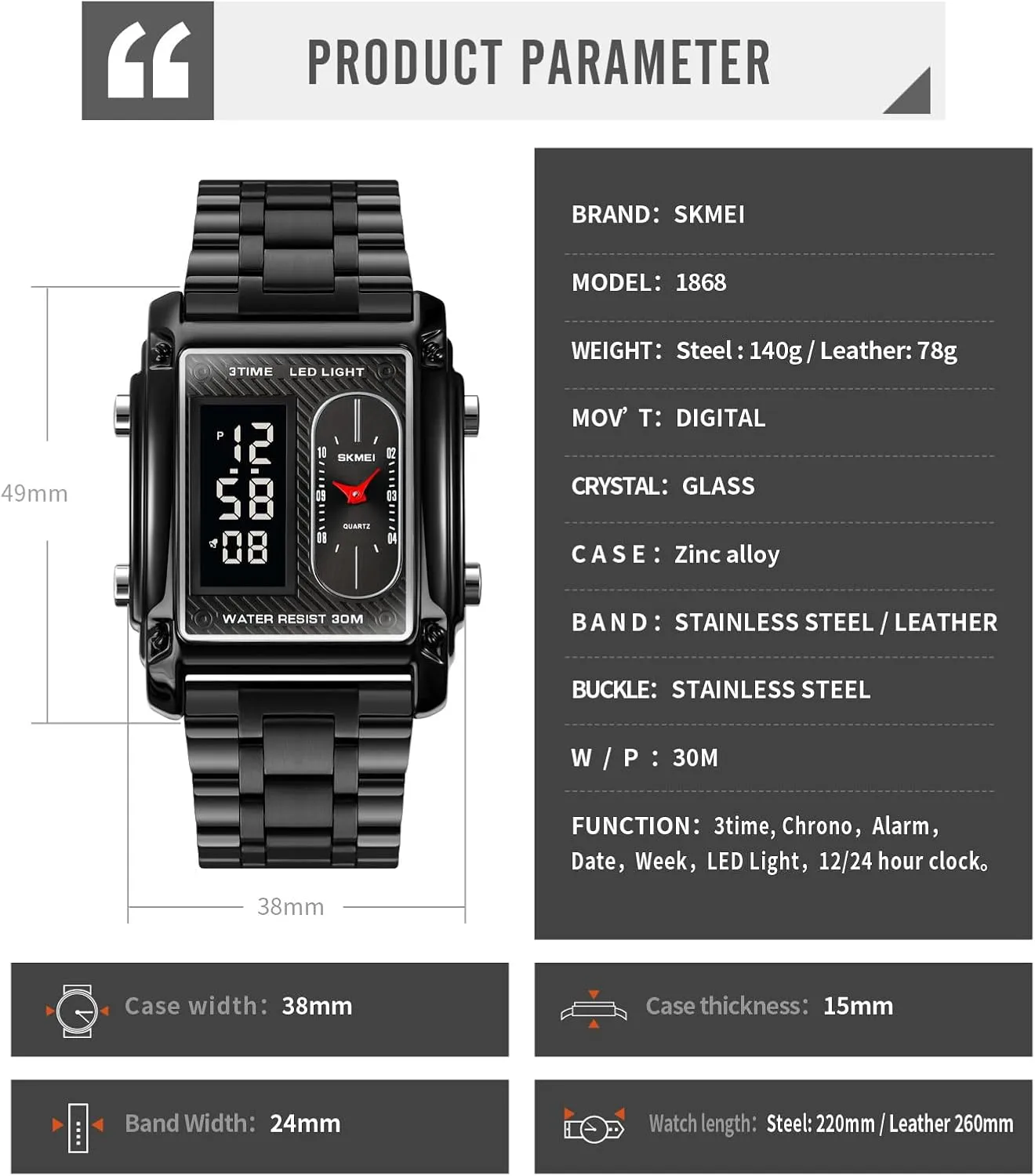 SKMEI Men's Digital Watch with Waterproof Classic Fashion Business Stainless Steel Sports Watch