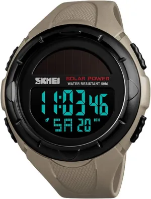 SKMEI Men's Solar Digital Sports Watch, 50M Waterproof Military Outdoor Watches Black Large Face with Stopwatch Alarm Shock Resistant LED