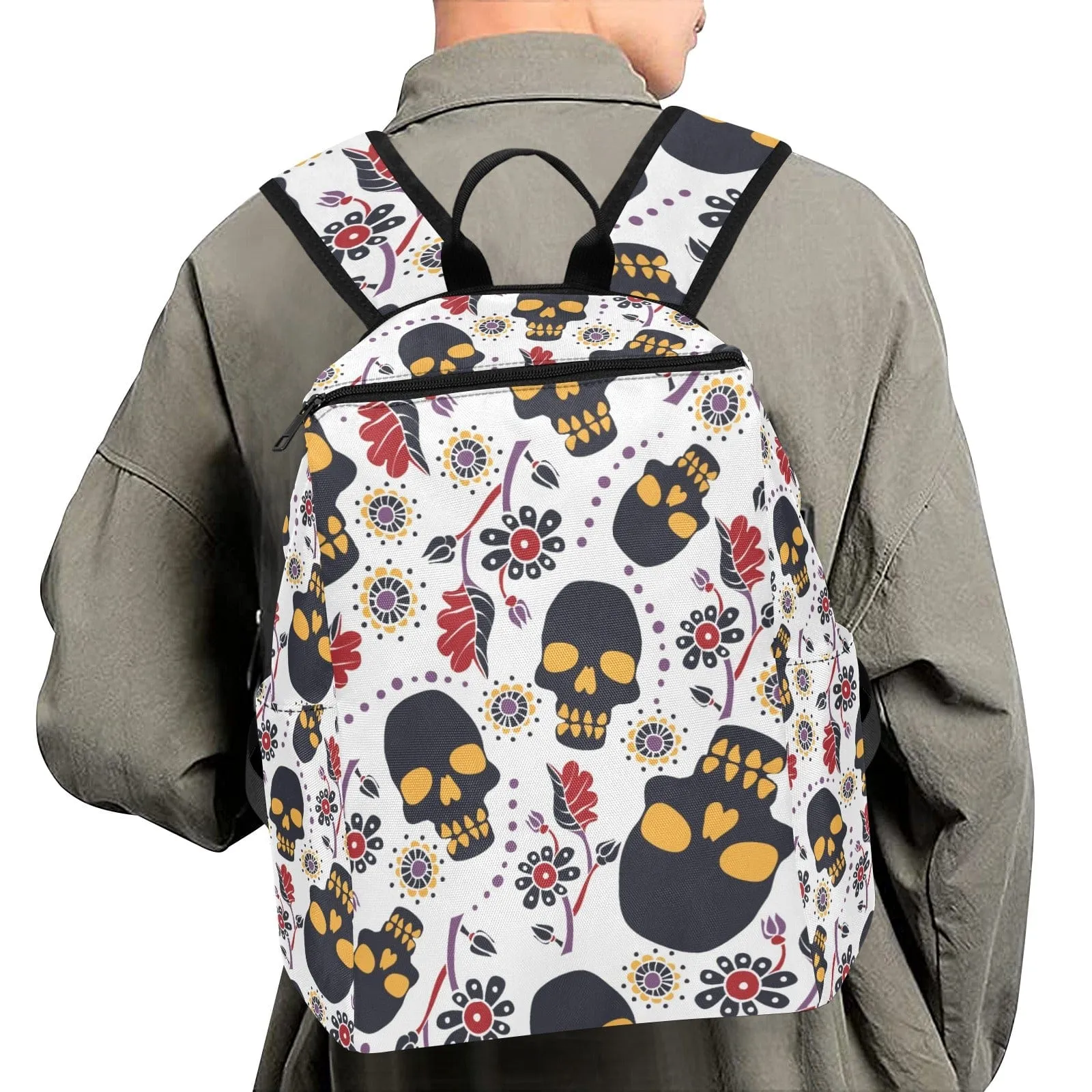 Skull Floral Print Lightweight Casual Backpack
