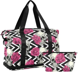 Skull Weekender Gym Bag for Women - Red Flowers Sports Duffle Travel Tote with Toiletry Bag, Shoes Compartment & Dry/Wet Separation