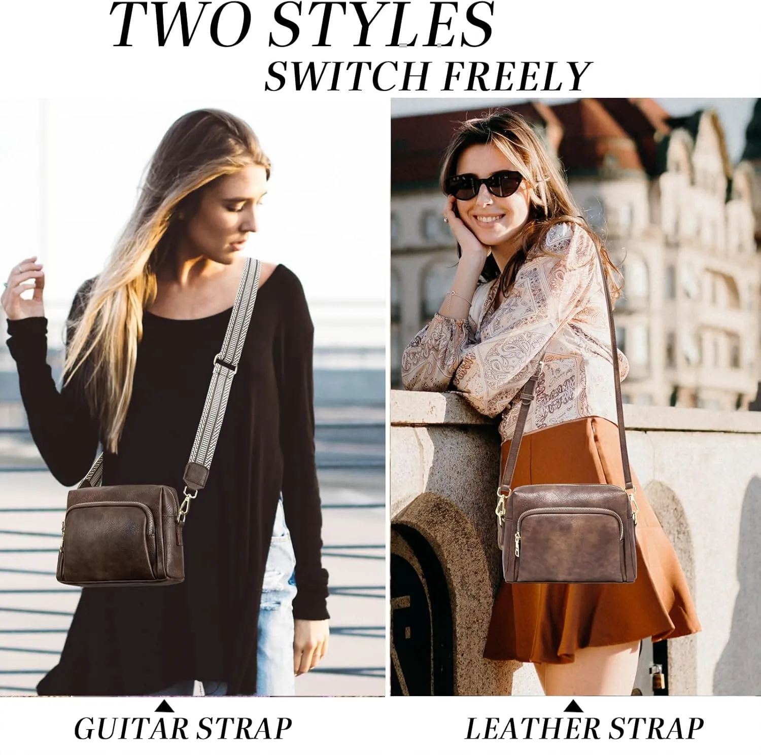Small Crossbody Purses for Women, Vegan Leather Travel Crossbody Bags, Shoulder Handbags with Guitar Strap and Leather Strap