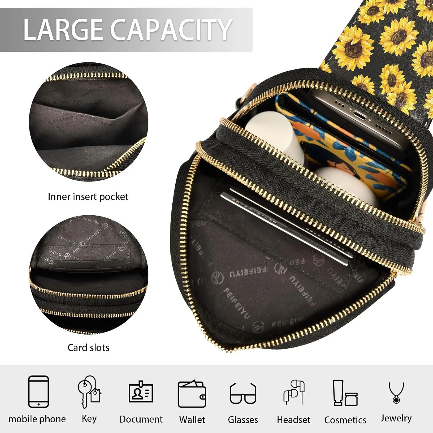 Small Sling Bag for Women Crossbody Bloom Sunflowers Trendy Crossbody Bag Fanny Pack with Guitar Strap Floral Summer Leather Chest Bag for Women Travel Outdoor Outfit