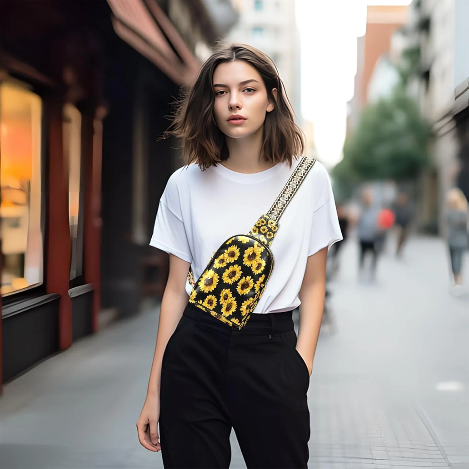 Small Sling Bag for Women Crossbody Bloom Sunflowers Trendy Crossbody Bag Fanny Pack with Guitar Strap Floral Summer Leather Chest Bag for Women Travel Outdoor Outfit