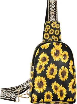Small Sling Bag for Women Crossbody Bloom Sunflowers Trendy Crossbody Bag Fanny Pack with Guitar Strap Floral Summer Leather Chest Bag for Women Travel Outdoor Outfit