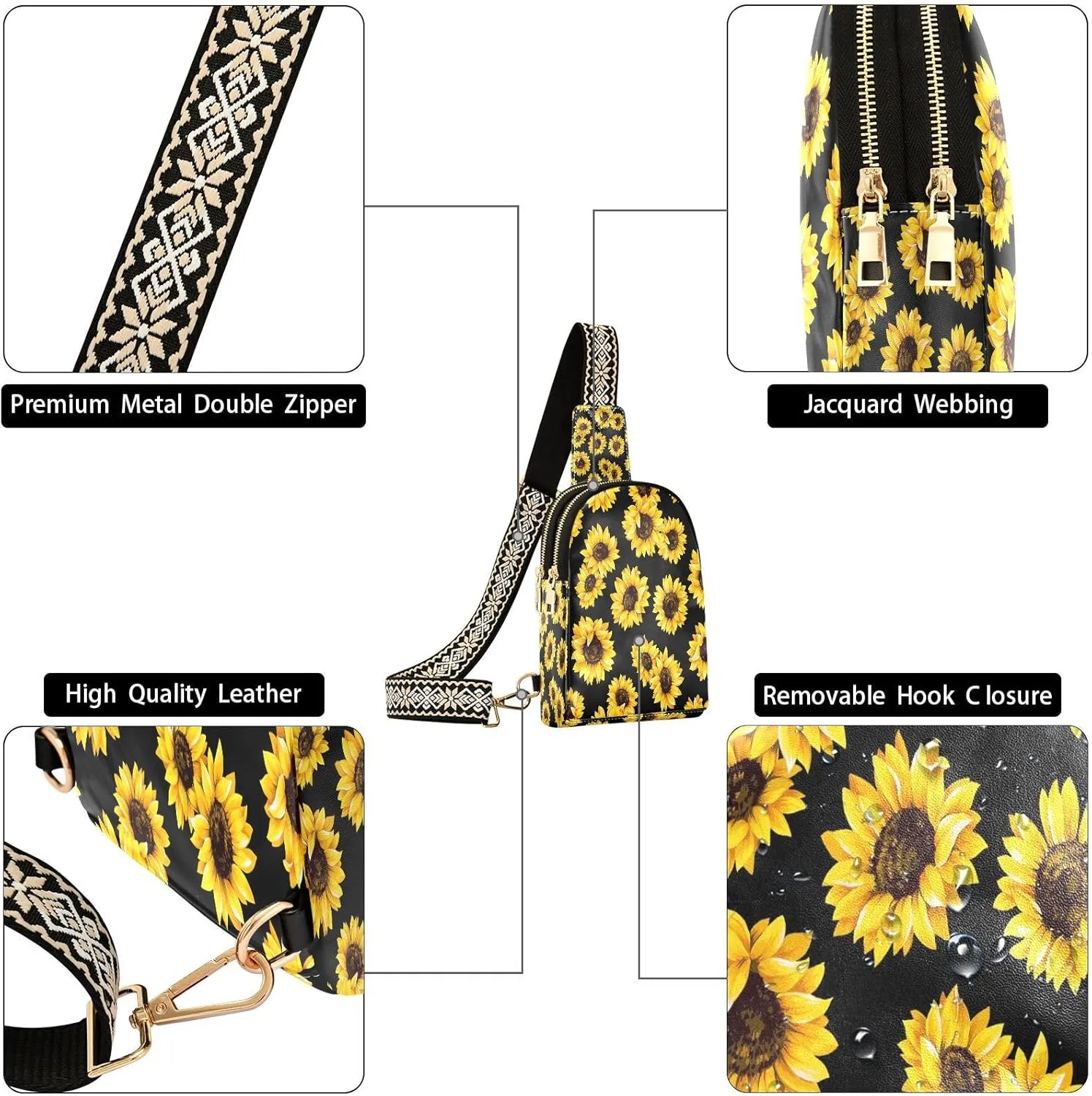 Small Sling Bag for Women Crossbody Bloom Sunflowers Trendy Crossbody Bag Fanny Pack with Guitar Strap Floral Summer Leather Chest Bag for Women Travel Outdoor Outfit