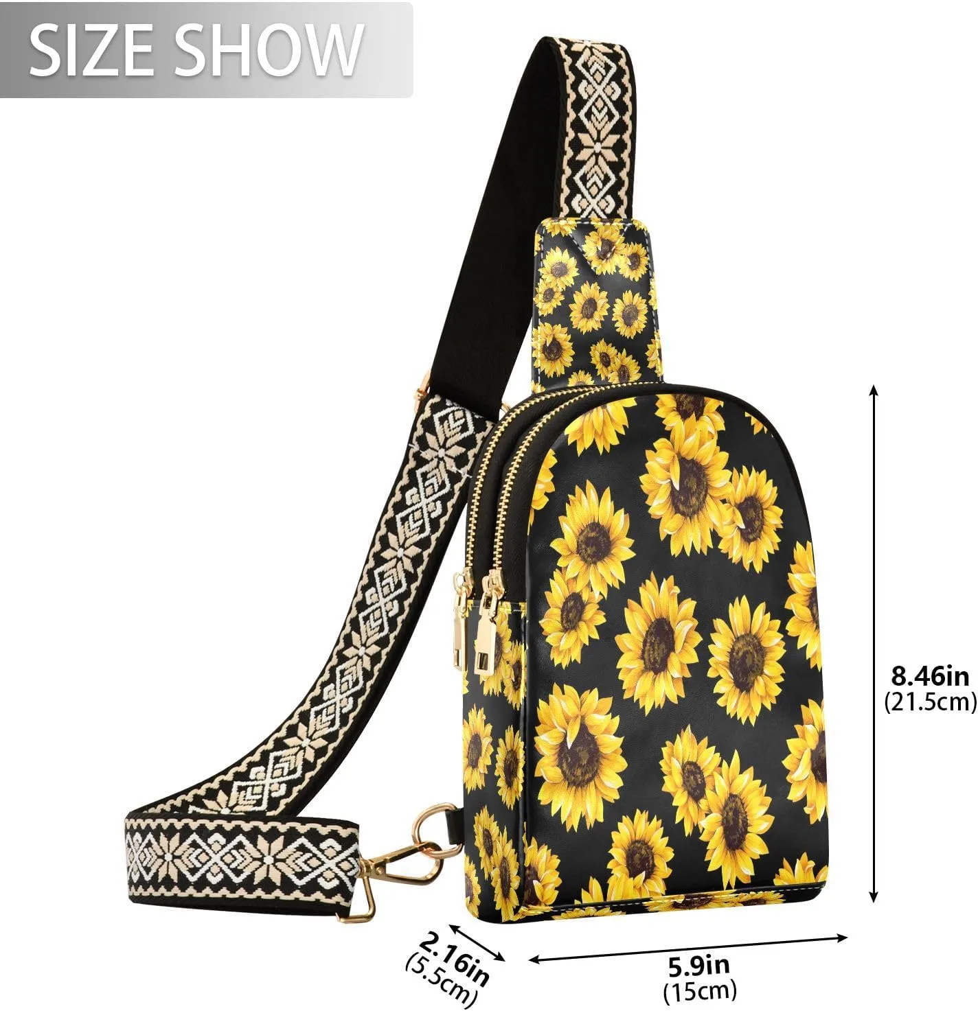 Small Sling Bag for Women Crossbody Bloom Sunflowers Trendy Crossbody Bag Fanny Pack with Guitar Strap Floral Summer Leather Chest Bag for Women Travel Outdoor Outfit