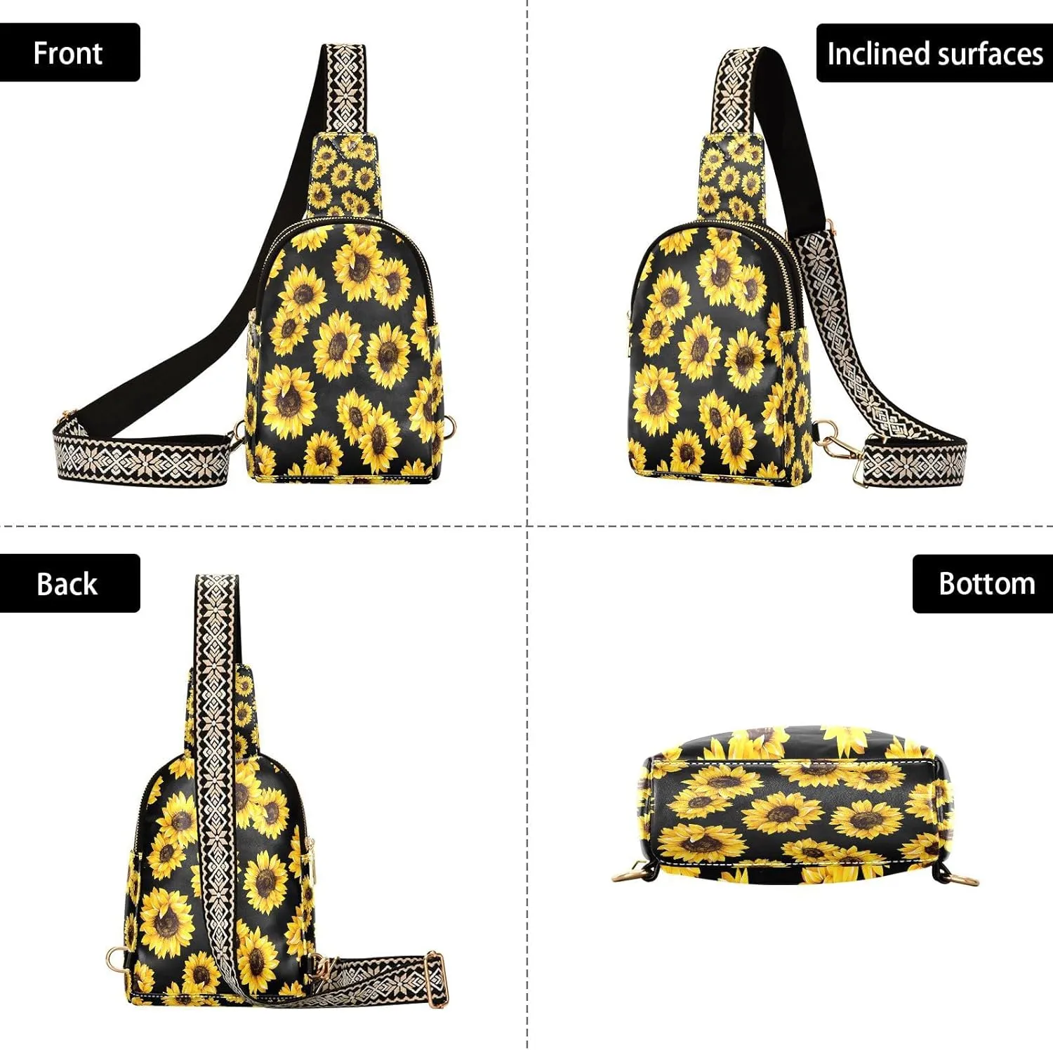 Small Sling Bag for Women Crossbody Bloom Sunflowers Trendy Crossbody Bag Fanny Pack with Guitar Strap Floral Summer Leather Chest Bag for Women Travel Outdoor Outfit