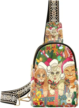 Small Sling Bag for Women Crossbody Christmas Hats Cats Trendy Crossbody Bag Fashion Waist Packs Xmas Cute Kitten Leather Chest Bag for Women Fanny Pack with Guitar Strap Travel Outdoor Outfit