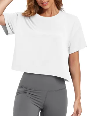 SMENG Womens Cropped T Shirt UPF50  Soft Breathable Tshirt Workout Loose Crewneck Short Sleeve Tops 2025 Trendy