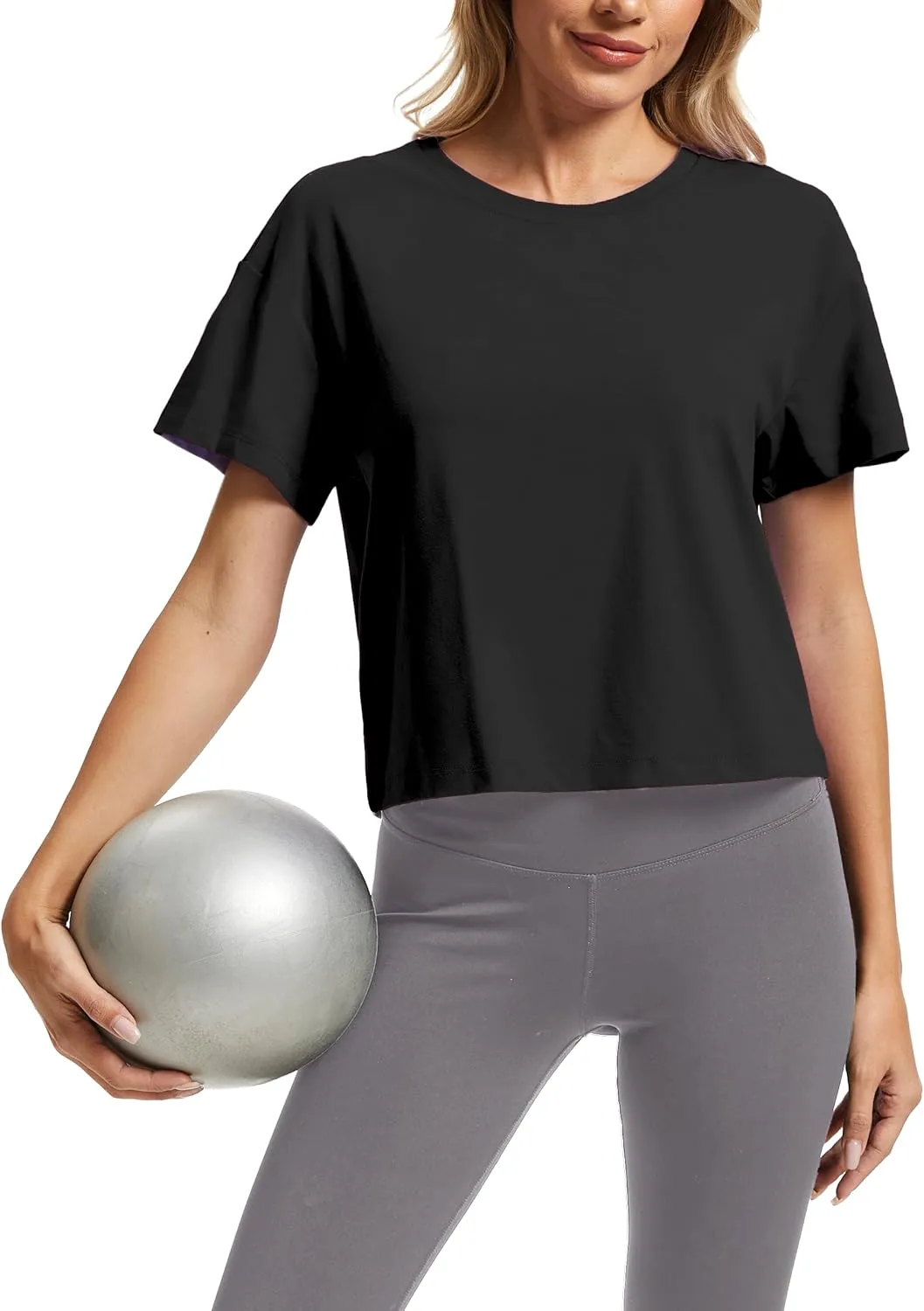 SMENG Womens Cropped T Shirt UPF50  Soft Breathable Tshirt Workout Loose Crewneck Short Sleeve Tops 2025 Trendy