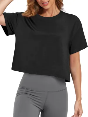 SMENG Womens Cropped T Shirt UPF50  Soft Breathable Tshirt Workout Loose Crewneck Short Sleeve Tops 2025 Trendy