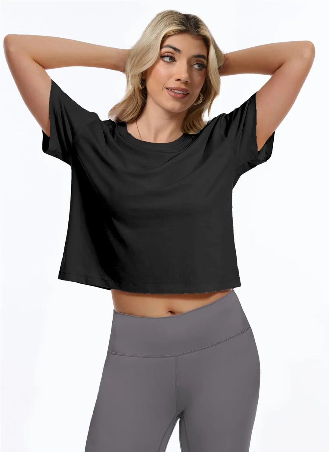 SMENG Womens Cropped T Shirt UPF50  Soft Breathable Tshirt Workout Loose Crewneck Short Sleeve Tops 2025 Trendy