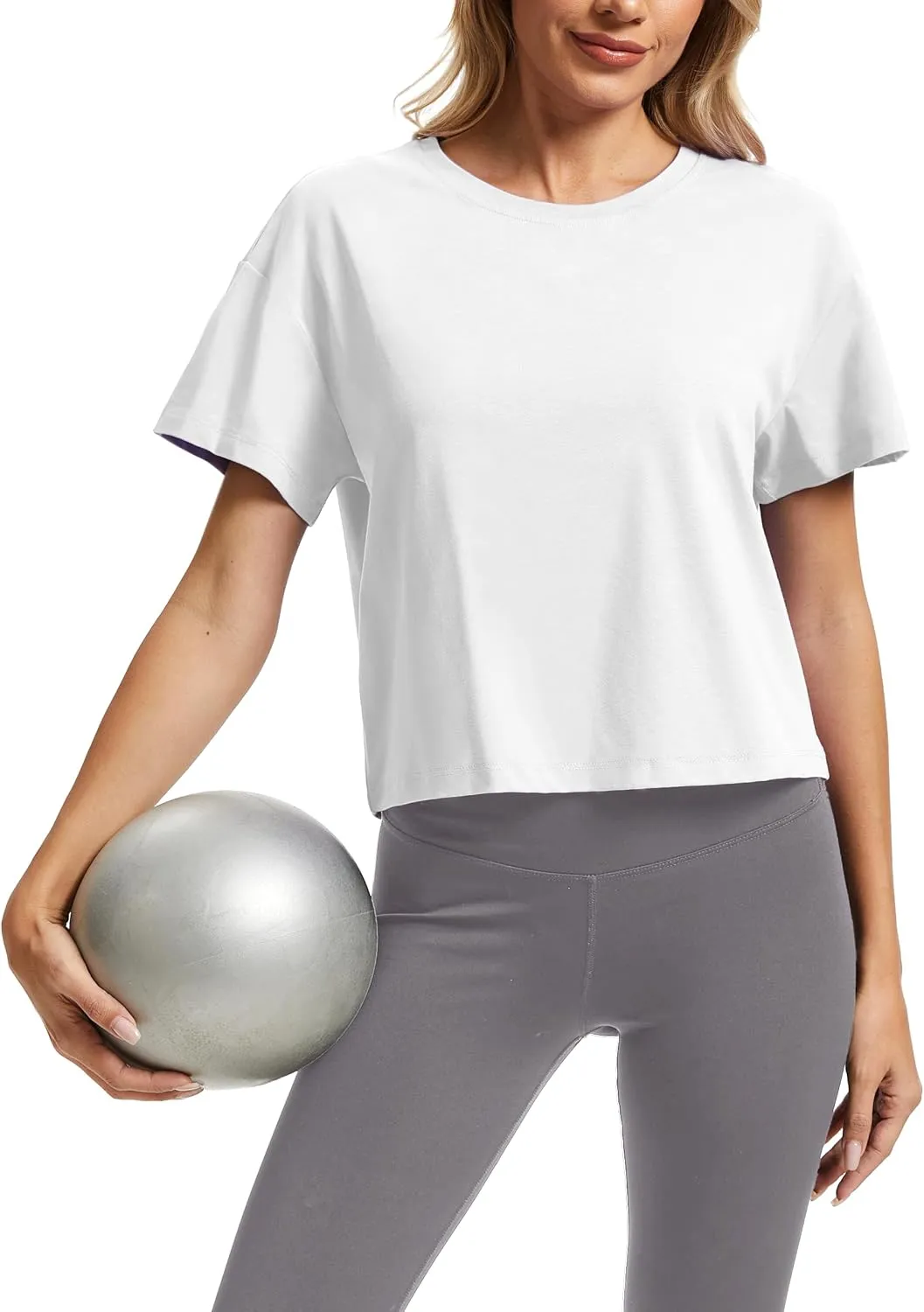 SMENG Womens Cropped T Shirt UPF50  Soft Breathable Tshirt Workout Loose Crewneck Short Sleeve Tops 2025 Trendy