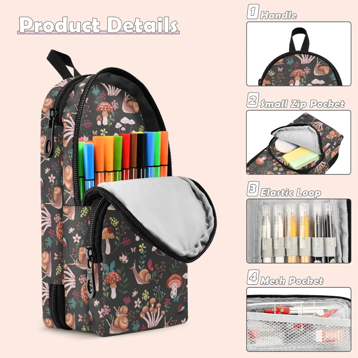Snail Mushroom Palm Leaves Pencil Case Big Capacity Handheld Pencil Pouch Portable Large Storage Canvas Pencil Bag for Boys Girls Adults Students
