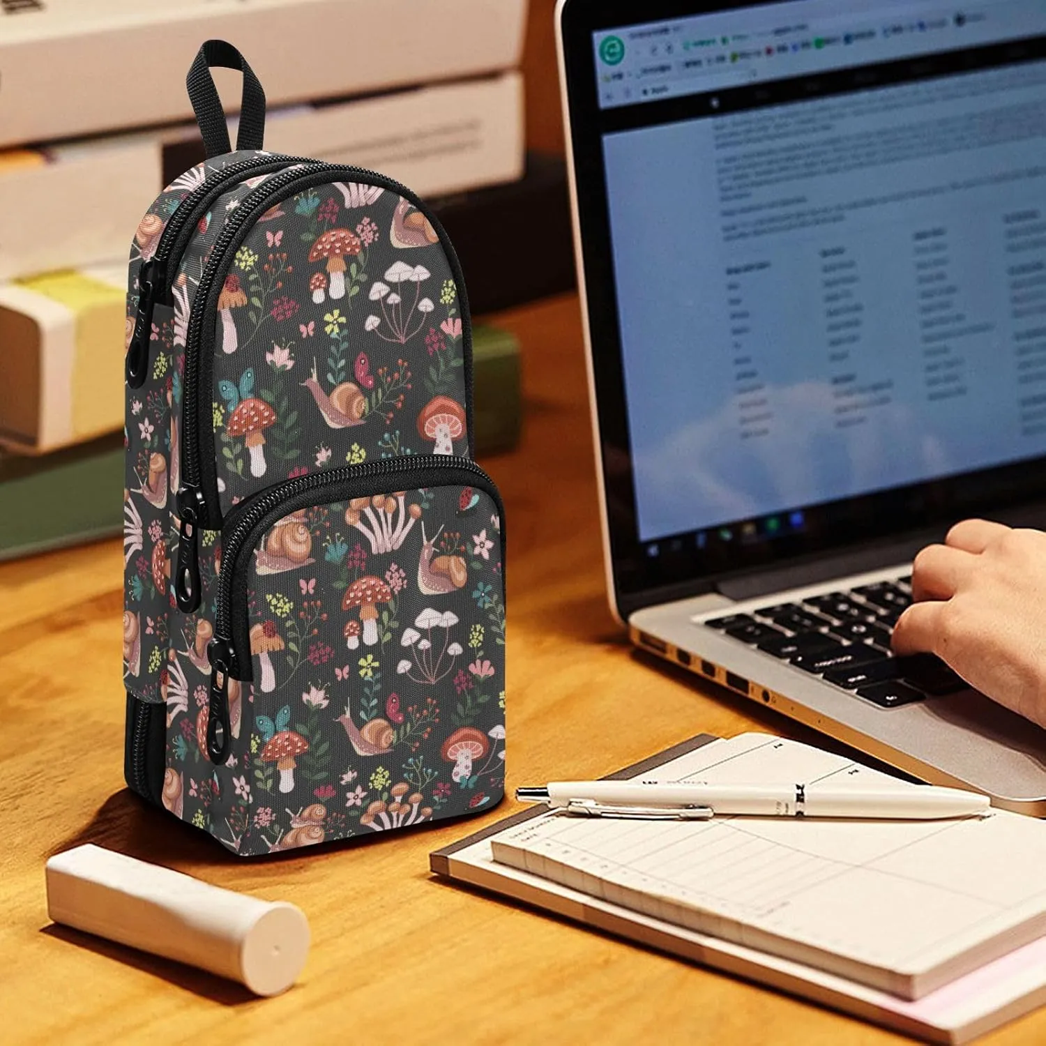 Snail Mushroom Palm Leaves Pencil Case Big Capacity Handheld Pencil Pouch Portable Large Storage Canvas Pencil Bag for Boys Girls Adults Students