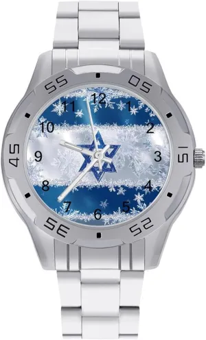 Snowflake Israel Flag Simple Wrist Watches for Men Silver Casual Big Face Dress Watch Easy to Read