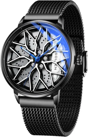 SOLLEN Car Watches for Men, Spinning Car Wheel Rim Watch, Casual Waterproof Men's Wrist Watch with Japanese Quartz & Luminous Function, Gift for Adults, Car Enthusiast - 42.5mm