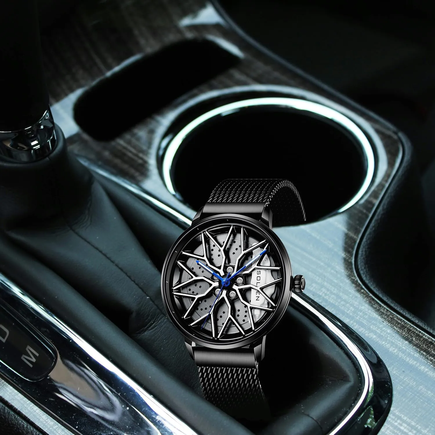 SOLLEN Car Watches for Men, Spinning Car Wheel Rim Watch, Casual Waterproof Men's Wrist Watch with Japanese Quartz & Luminous Function, Gift for Adults, Car Enthusiast - 42.5mm