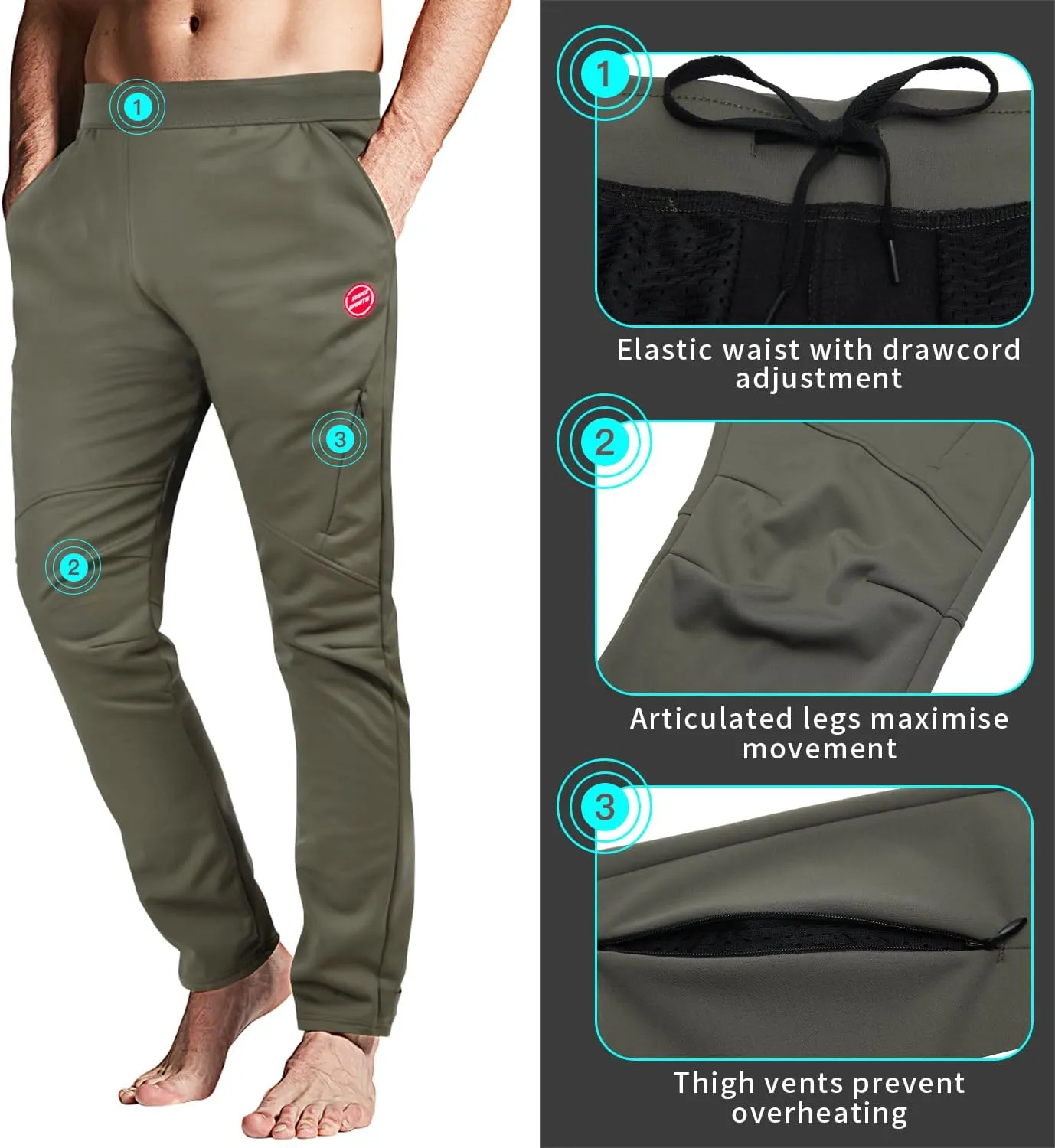 Souke Sports Men's Winter Cycling Pants, Windproof Fleece Thermal Bike Pants, Breathable Athletic Sweatpants for Running