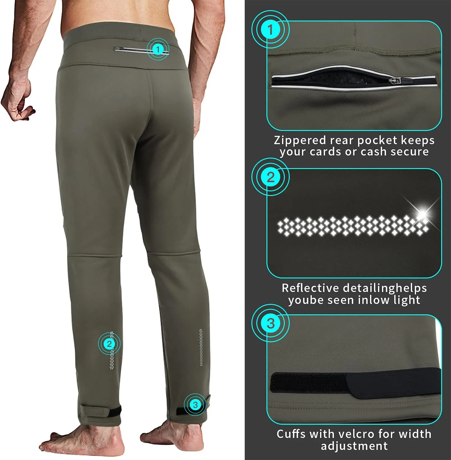Souke Sports Men's Winter Cycling Pants, Windproof Fleece Thermal Bike Pants, Breathable Athletic Sweatpants for Running