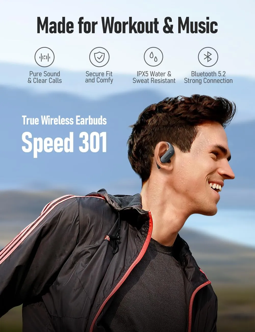 Speed 301 Sports Wireless Earbuds Bluetooth Headphones, Secure Fit for Workout & Running, Clear Calls, Sweatproof Ear Buds for iPhone & Android (SP301)